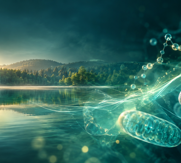 Spiegelbild von Bäumen am Ufer eines ruhigen Gewässers in der Natur.